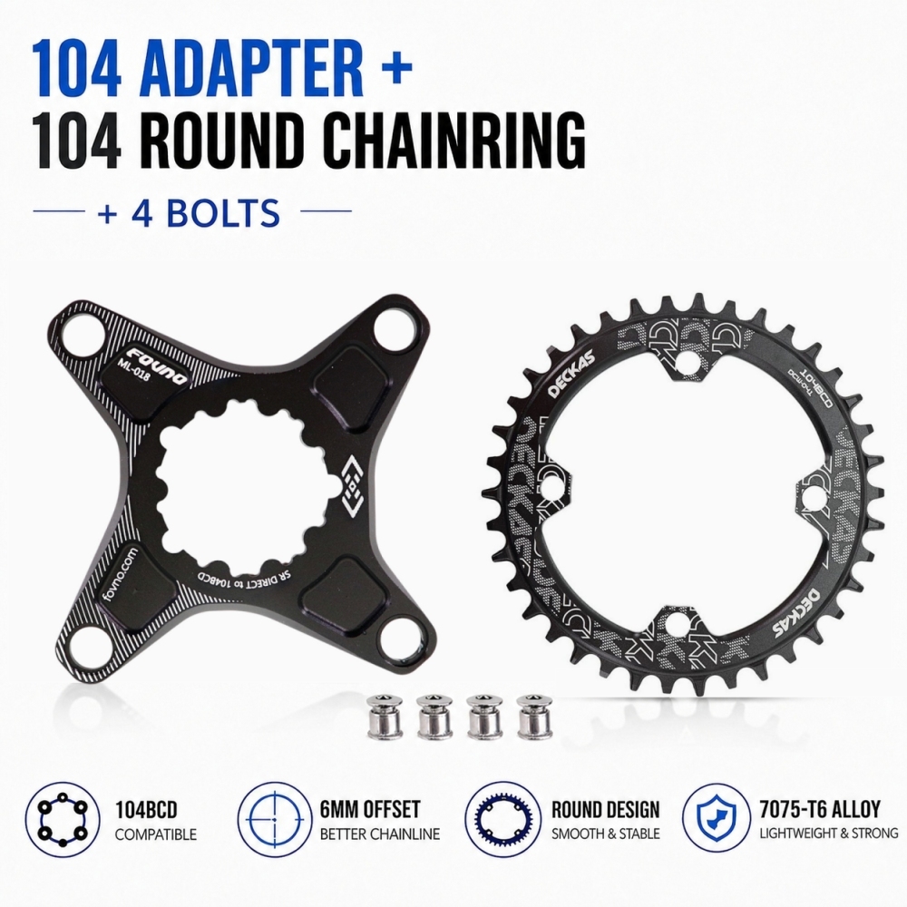 DECKAS 6mm Offset Chainring Kit for SRAM 3-Bolt, 104BCD Spider Adapter + 32T-38T Round/Oval Narrow Wide Chainring