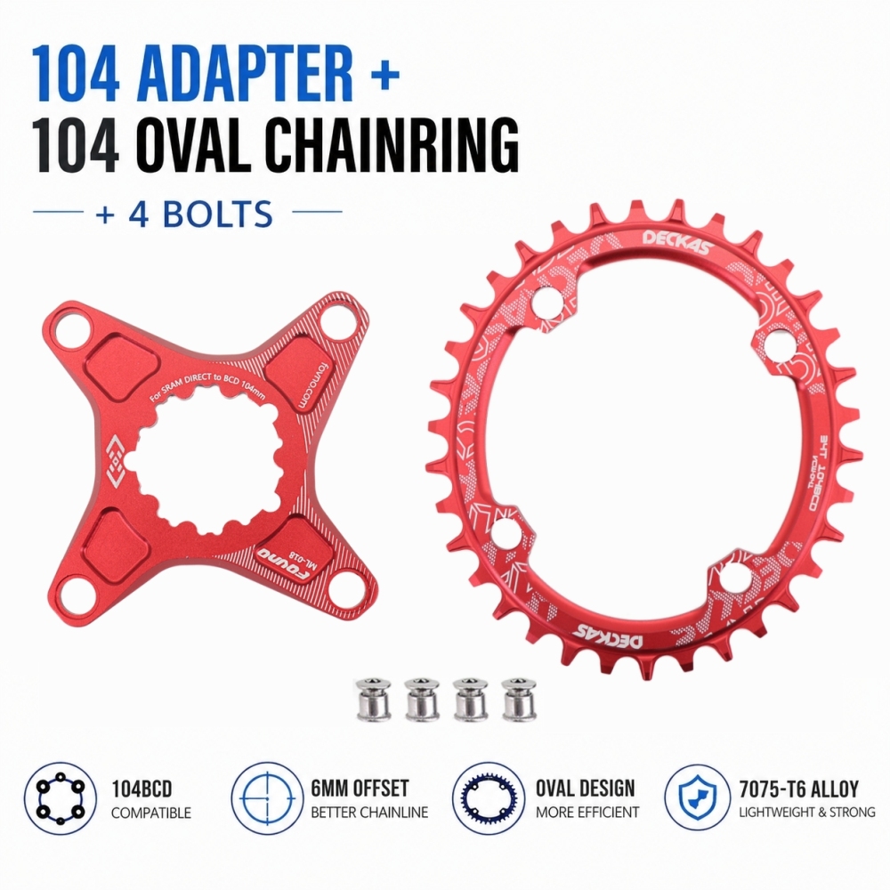 DECKAS 6mm Offset Chainring Kit for SRAM 3-Bolt, 104BCD Spider Adapter + 32T-38T Round/Oval Narrow Wide Chainring