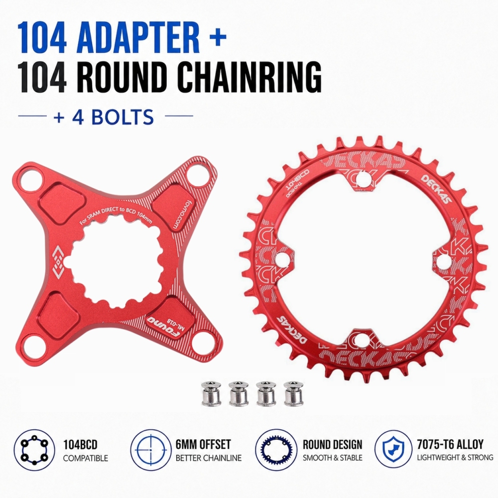 DECKAS 6mm Offset Chainring Kit for SRAM 3-Bolt, 104BCD Spider Adapter + 32T-38T Round/Oval Narrow Wide Chainring