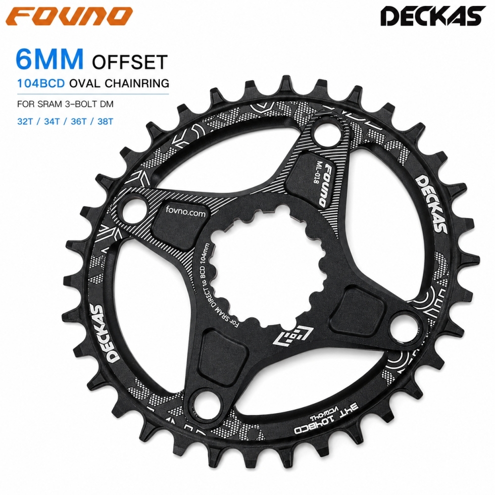 DECKAS 6mm Offset Chainring Kit for SRAM 3-Bolt, 104BCD Spider Adapter + 32T-38T Round/Oval Narrow Wide Chainring