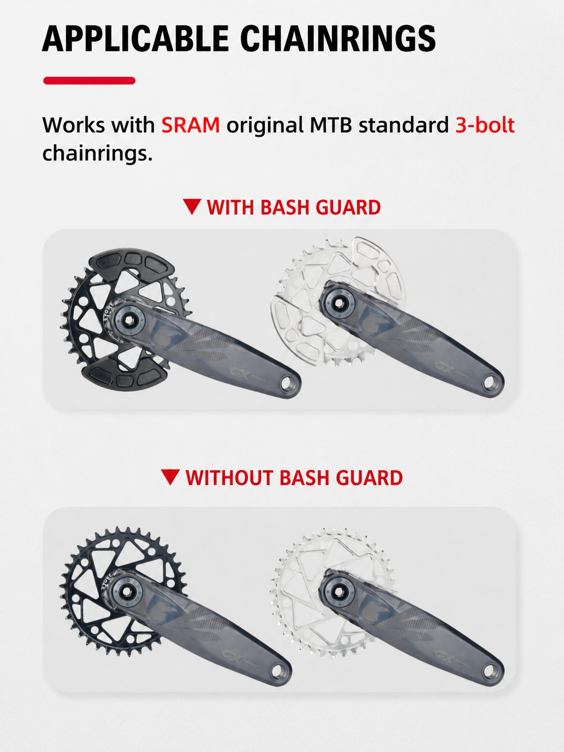 STONE 3-bolt Direct Mount MTB Chainring, 7075-T651 CNC Aluminum, 3mm Offset, With or Without Bash Guard for SRAM GXP