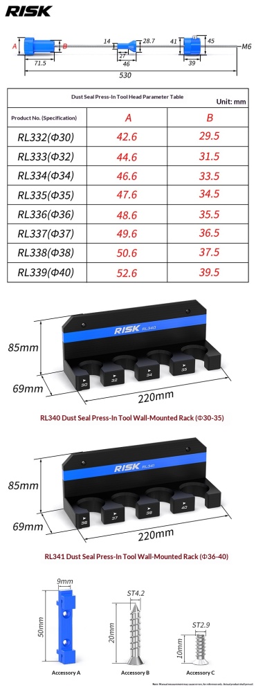 RISK RL332–RL341 Bicycle Suspension Fork Dust Seal Press Tool, Oil Seal Installation Tool for 30/32/34/35/36/37/38/40mm Forks with Wall Storage Rack
