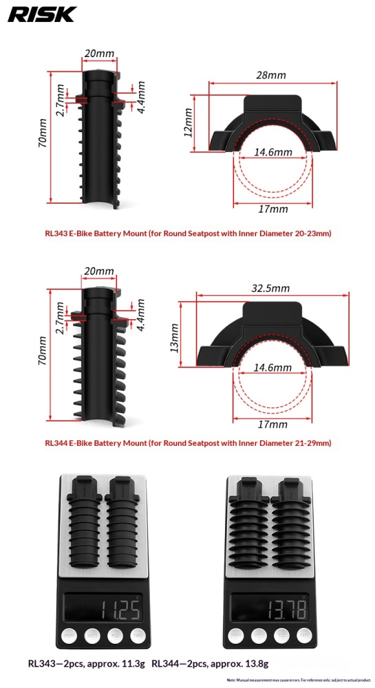 RISK RL343/RL344 Di2 Electronic Shifting Battery Holder Sleeve for Round Seatposts, Rubber Battery Mount Adapter for Shimano BT-DN300