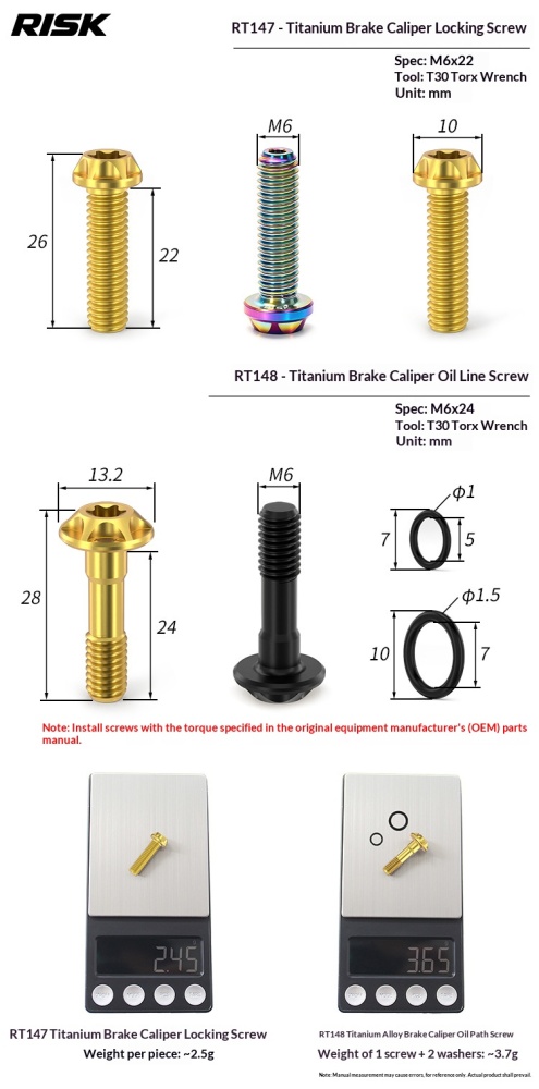RISK Titanium Brake Caliper Bolts for Road Bike Hydraulic Disc Brakes, T30 M6 Locking Bolt & Banjo Oil Line Bolt for Shimano R7070 R8070 R8170