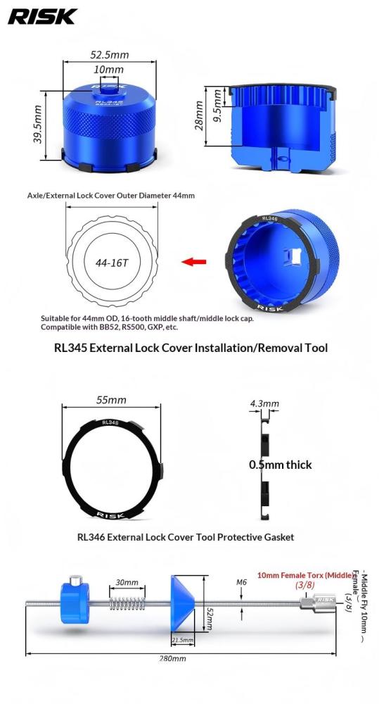 RISK RL345-346 Bike Centerlock Disc Rotor Lockring Removal Socket Tool for 44mm 16-Notch BB52 RS500 GXP Bottom Bracket