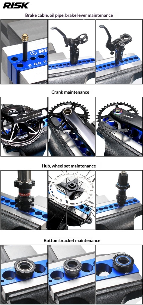 RISK RL320–RL326 Bicycle Bench Vise Clamp Blocks Set, Aluminum Bike Repair Holding Fixture for Bottom Bracket, Hub, Fork, Shock, Pedal and Crank Maintenance