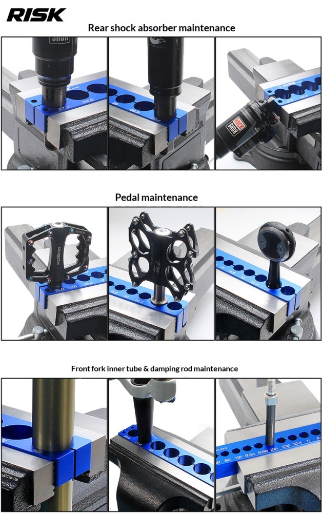 RISK RL320–RL326 Bicycle Bench Vise Clamp Blocks Set, Aluminum Bike Repair Holding Fixture for Bottom Bracket, Hub, Fork, Shock, Pedal and Crank Maintenance