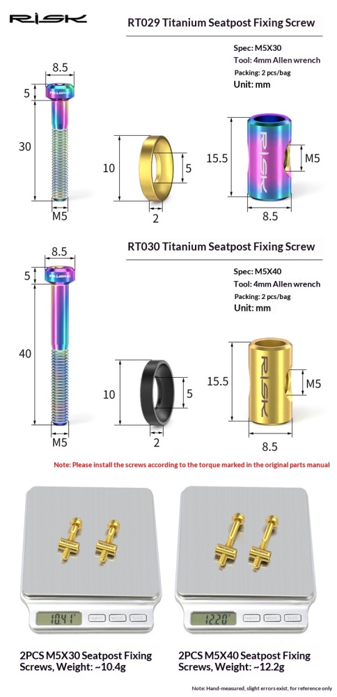 RISK RT029/RT030 Titanium M5 Seatpost Clamp Bolts 30mm/40mm for Bicycle Seatpost Stem Clamp, 2pcs