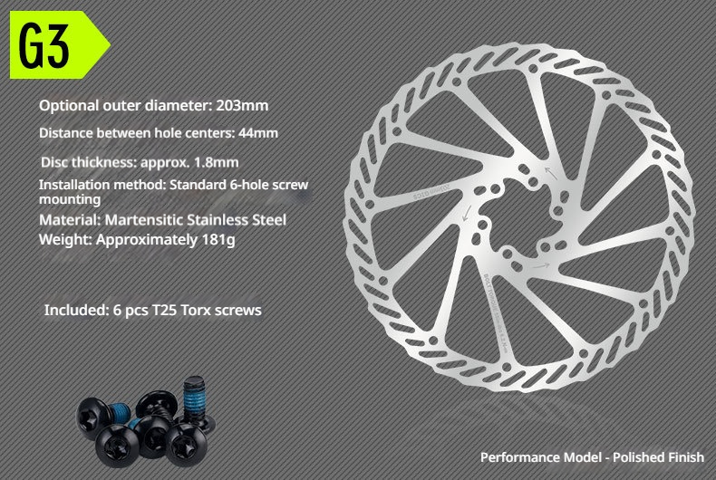 Mountain Bike Disc Brake Rotor 120/140/160/180/203mm 6-Bolt Bicycle Brake Rotor G3/HS1 with Screws, Stainless Steel
