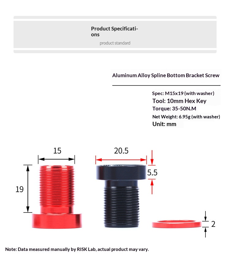 RISK RA125 Aluminum M15x19 Spline Bottom Bracket Crank Bolts with Washers, 2PCS Bike BB Locking Screws