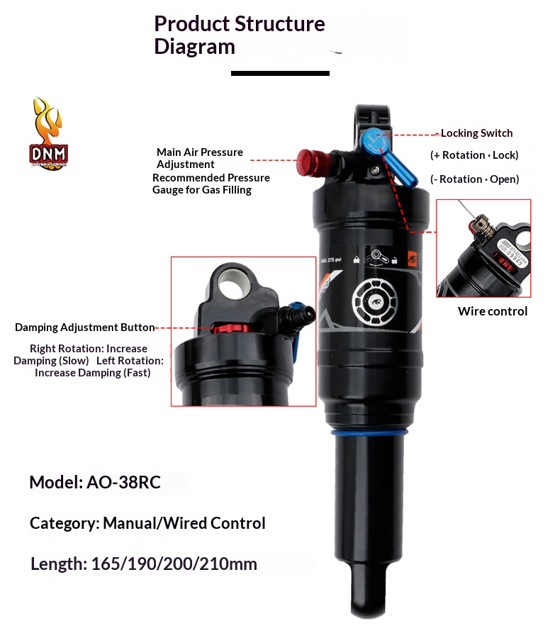 DNM AO-38RC/AO38RL Air Rear Shock – MTB Full Suspension Air Shock, Rebound & Compression Adjustable with Lockout