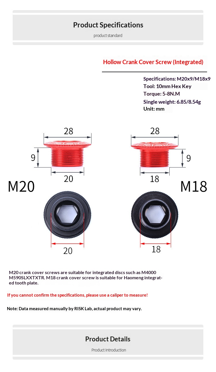 RISK 155 Aluminum Alloy Hollow Crank Arm Cap Bolt — M18/M20 × 9mm BB Bottom Bracket Dust Cover for Mountain & Road Bike