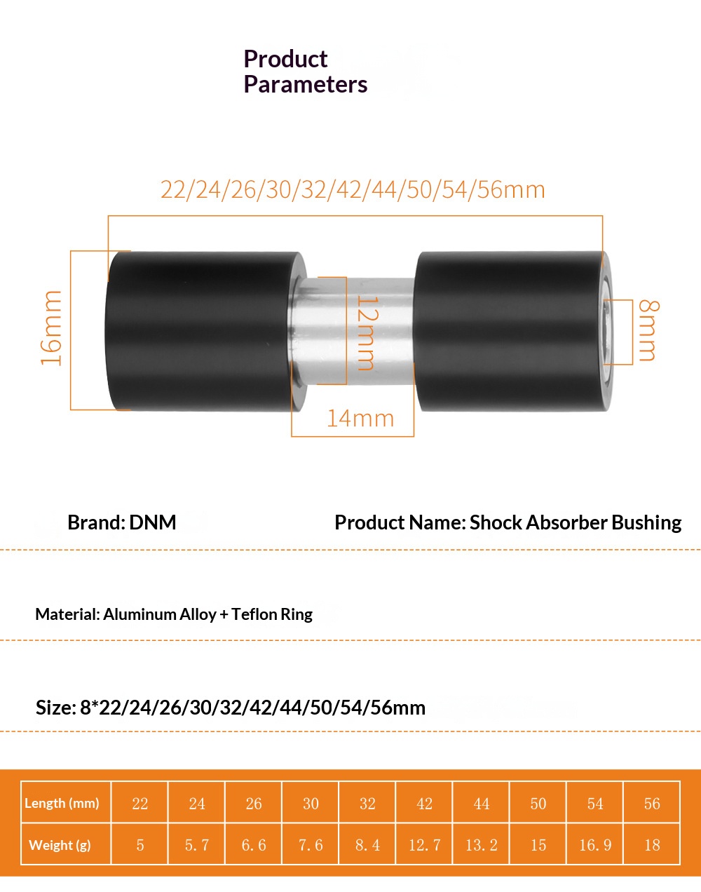 DNM Rear Shock Bushing Kit Part No. Bushing 8mm ID 22/24/26/30/32/42/44/50/54/56mm for MTB Rear Shock