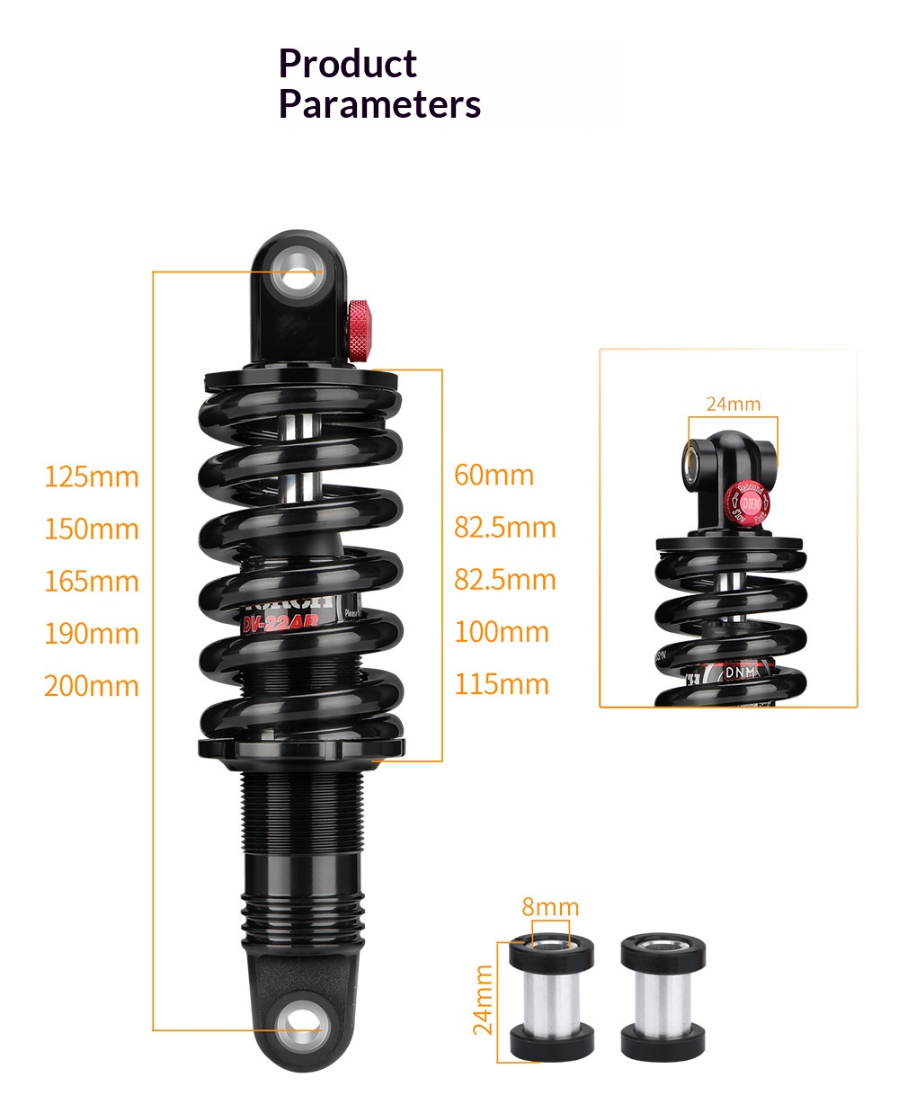 DNM DV-22AR Hydraulic Rear Shock Absorber for Mountain Bike/E-Bike - Multiple Lengths & Spring Rates (24mm Bushing) rear