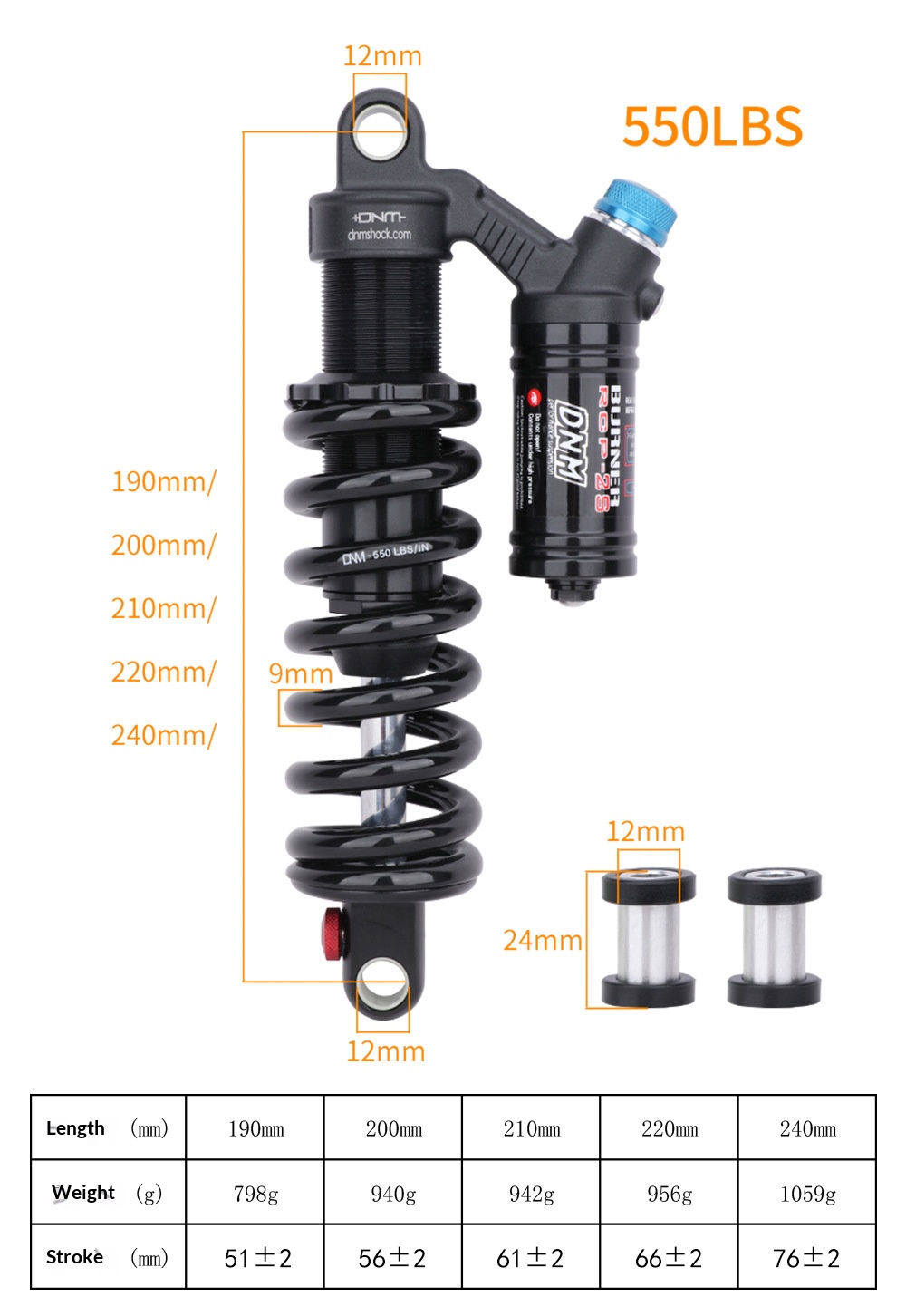DNM RCP2S Coil Rear Shock Absorber RCP2S 190/200/210/220/230/240/265mm for MTB E-Bike Electric Motorcycle rear shocks