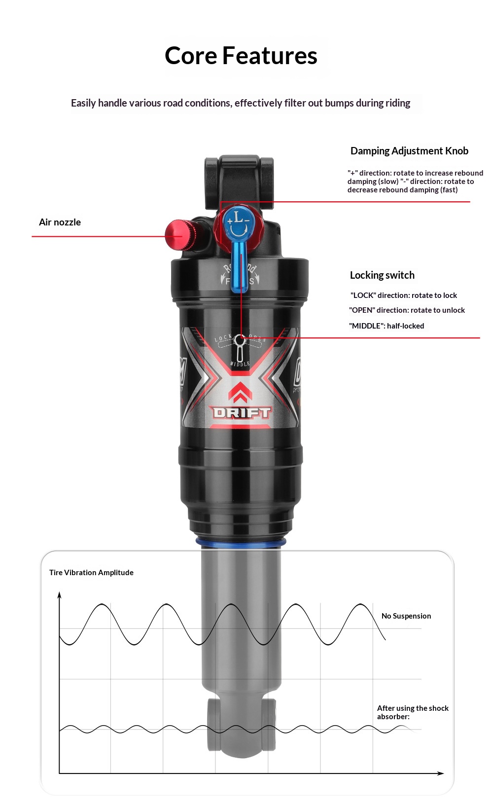 DNM AO-8RC Air Rear Shock Absorber, 3-Position Lockout MTB Soft Tail Bicycle Suspension, Rebound Damping Adjustable