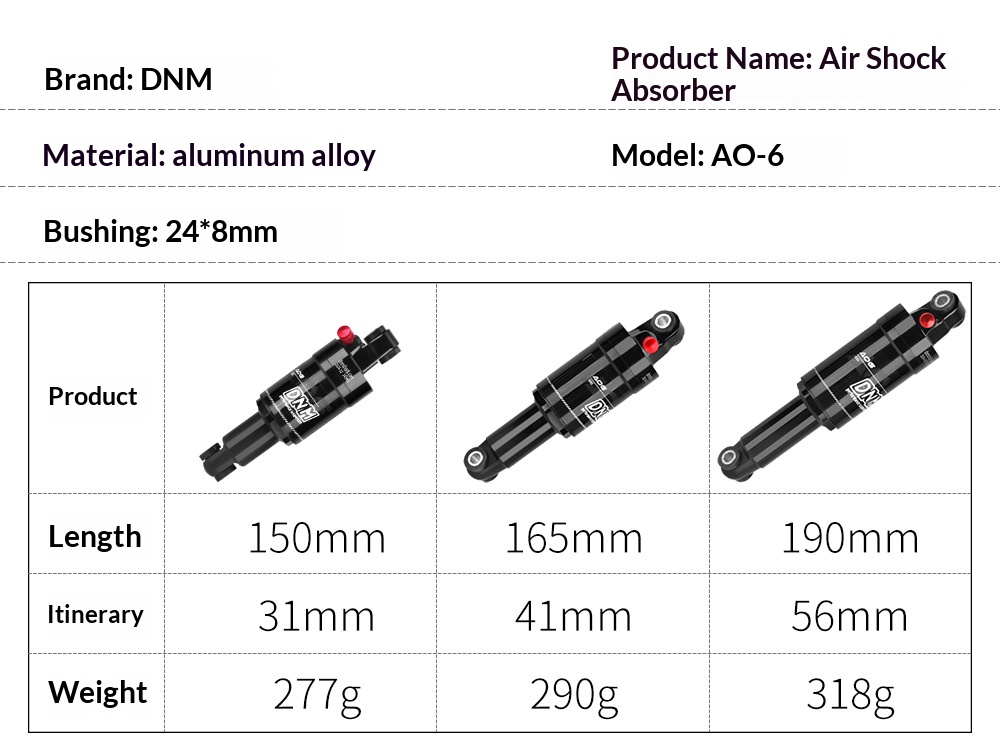 DNM AO-6 Air Rear Shock Absorber AO-6 Bicycle Suspension 100/125/150/165/190mm for Folding Bike Scooter MTB rear shocks