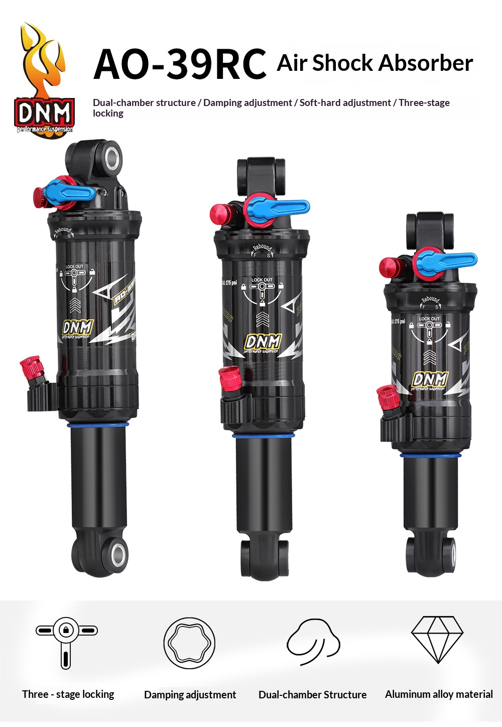 DNM-AO-39RC Air Rear Shock Absorber for MTB Full Suspension Downhill Bikes, 165/190/200mm rear shocks