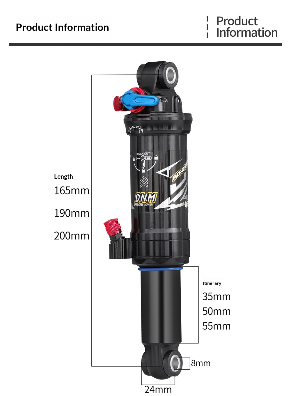 DNM-AO-39RC Air Rear Shock Absorber for MTB Full Suspension Downhill Bikes, 165/190/200mm rear shocks