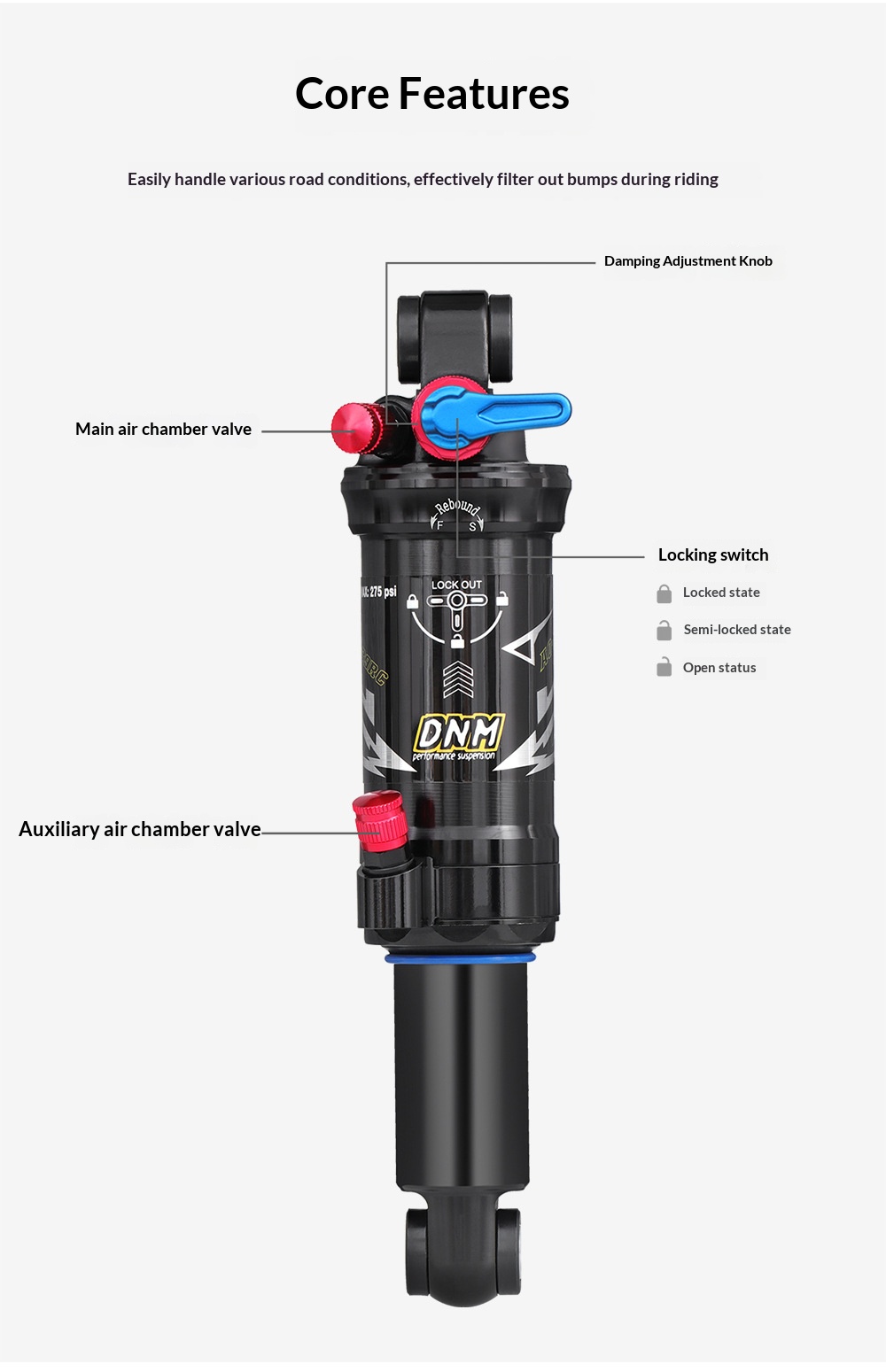 DNM-AO-39RC Air Rear Shock Absorber for MTB Full Suspension Downhill Bikes, 165/190/200mm rear shocks