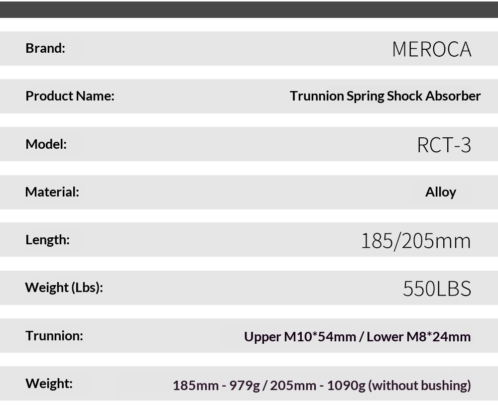 MEROCA-RCT-3 Trunnion Coil Rear Shock Absorber 550LBS 185/205mm with Damping Adjustment for MTB Soft Tail Bike rear