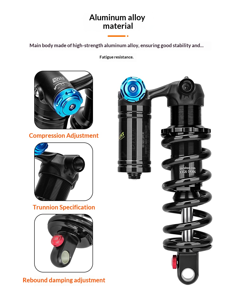 DNM TRU-3 Trunnion Coil Rear Shock Absorber, 185/205mm 450/550LBS with 24mm Bushing rear shocks, Aluminum Alloy