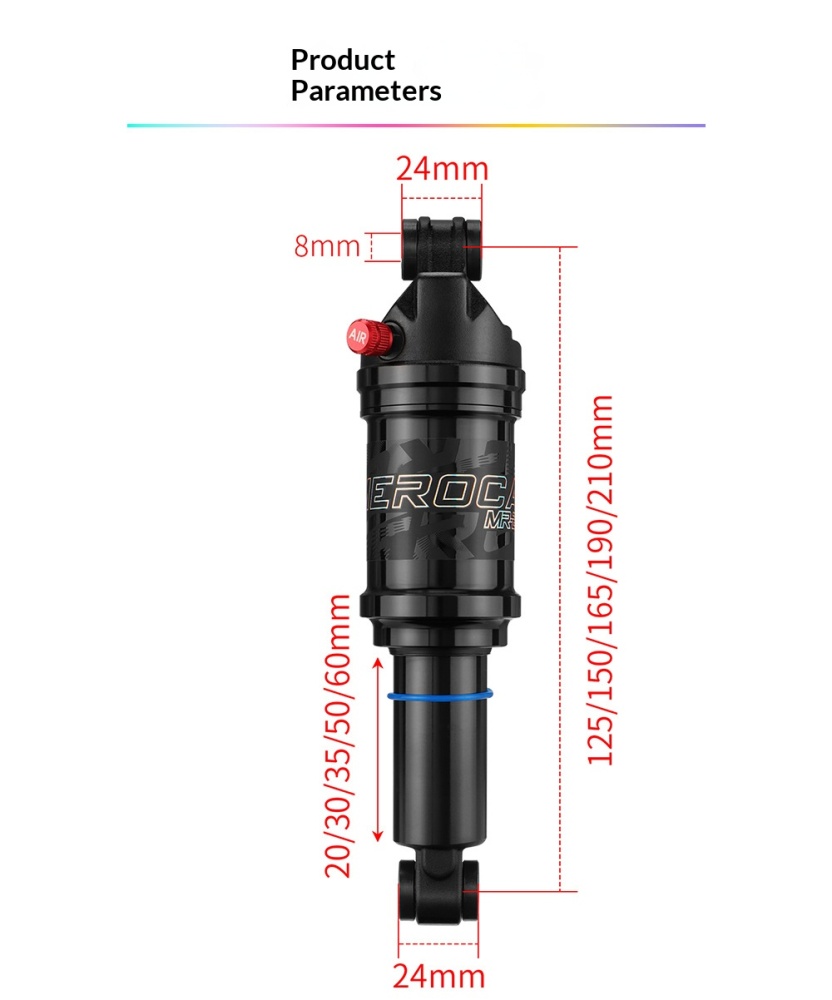 MEROCA MR-2 Air Rear Shock Absorber for MTB Full Suspension Bike, 125/150/165/190/210mm, 24mm Bushings