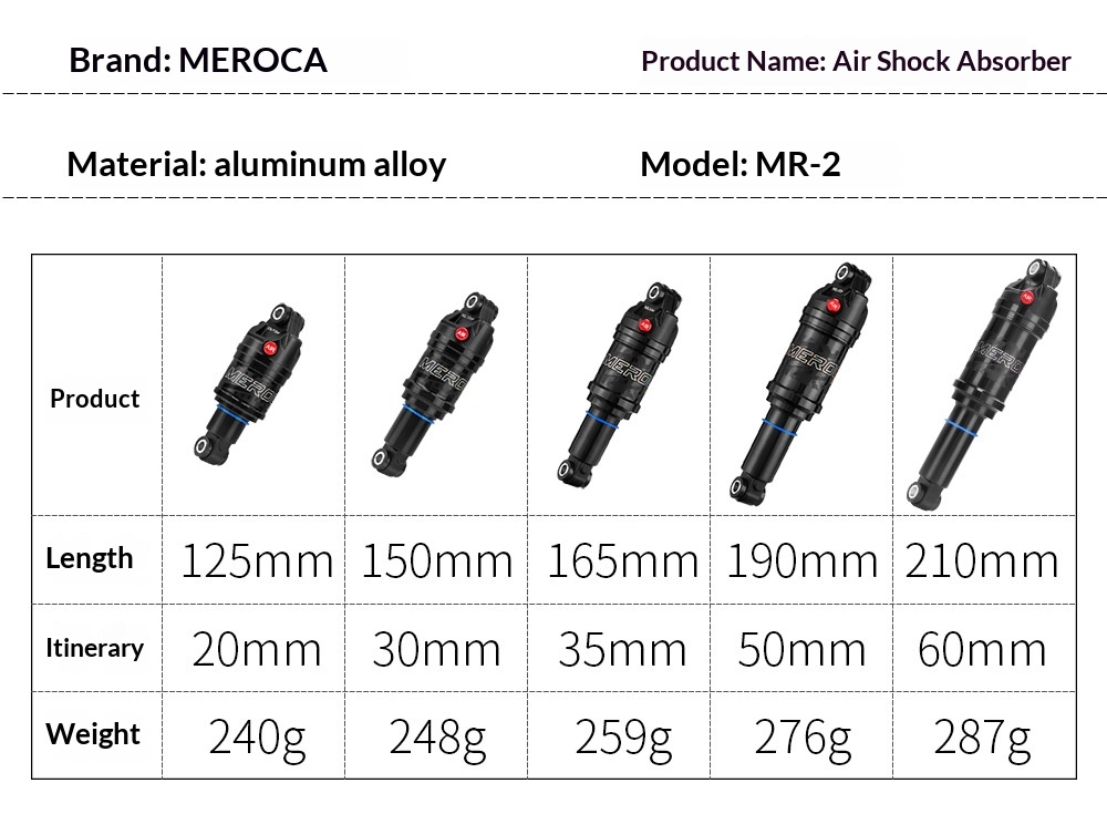 MEROCA MR-2 Air Rear Shock Absorber for MTB Full Suspension Bike, 125/150/165/190/210mm, 24mm Bushings