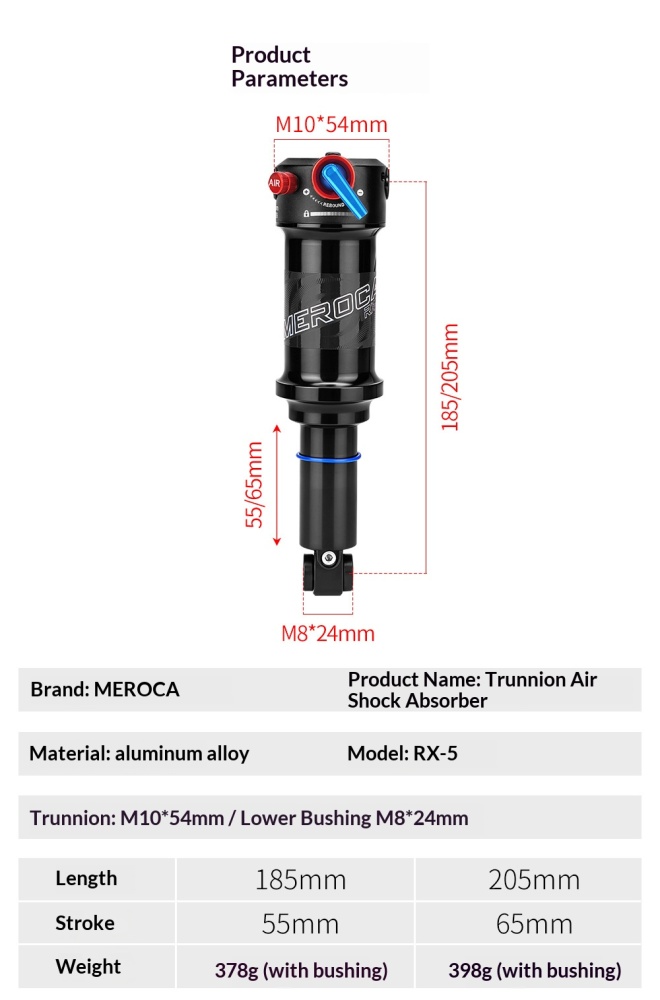 MEROCA RX-5 Trunnion Air Rear Shock 185/205mm MTB Rear Suspension with Rebound Adjustment & Lockout
