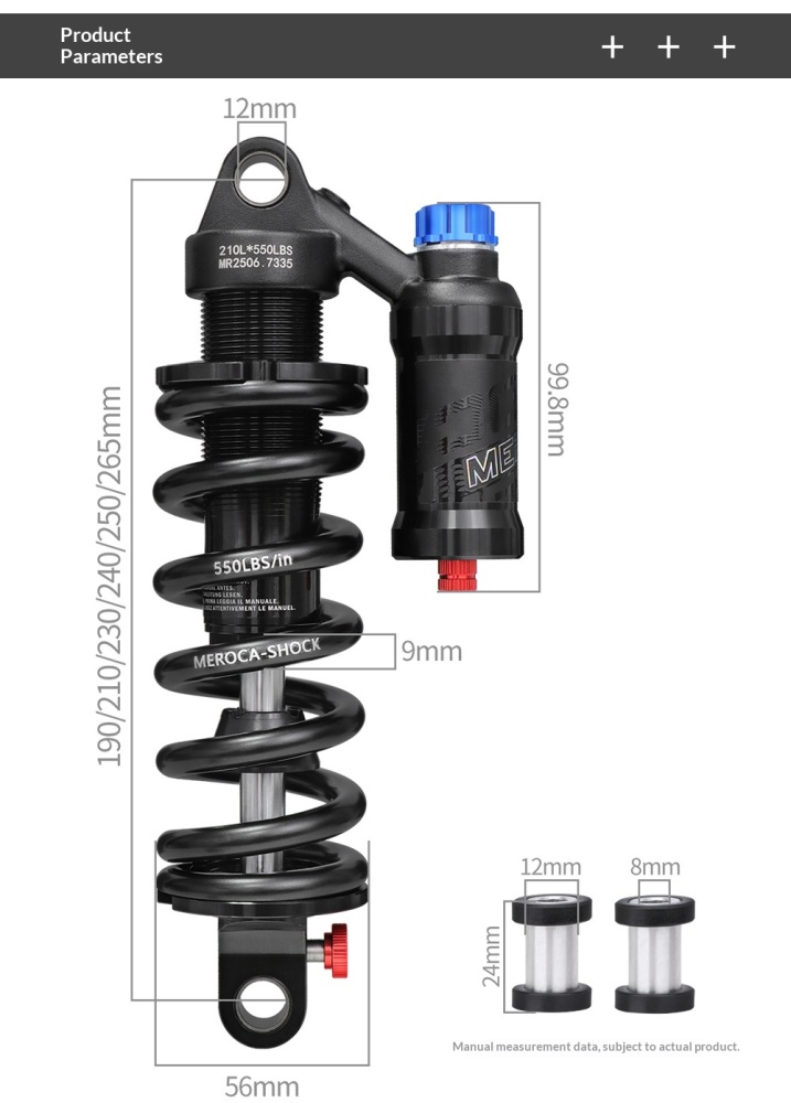 MEROCA RCT-2 Coil Rear Shock Absorber MEROCA-RCT-2 550lbs 190/210/230/240/250/265mm for MTB Soft Tail Bike