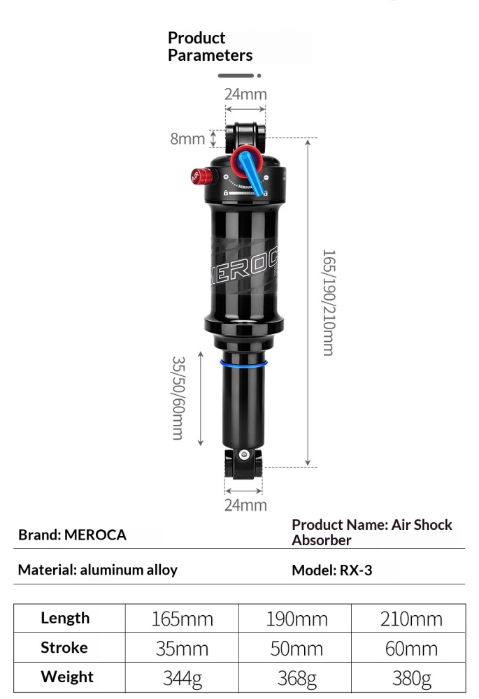 MEROCA RX-3 Air Rear Shock Absorber RX-3-AIR-SHOCK Lockout Rebound Adjustable 165/190/210mm for MTB Soft Tail Bike