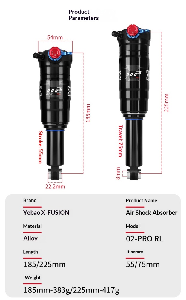 X-Fusion O2-PRO RL Trunnion Air Rear Shock O2-PRO-TRUNNION-185 Adjustable MTB Suspension 185/225mm