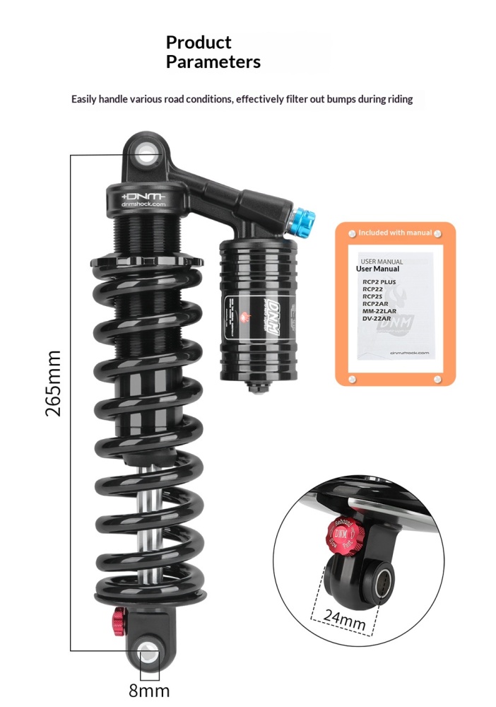 DNM RCP-2PLUS Coil Rear Shock Absorber EMOTO-RCP2PLUS-HL 265mm 450/550lbs with High Low Speed Adjustment for E-Moto Off-Road Bike
