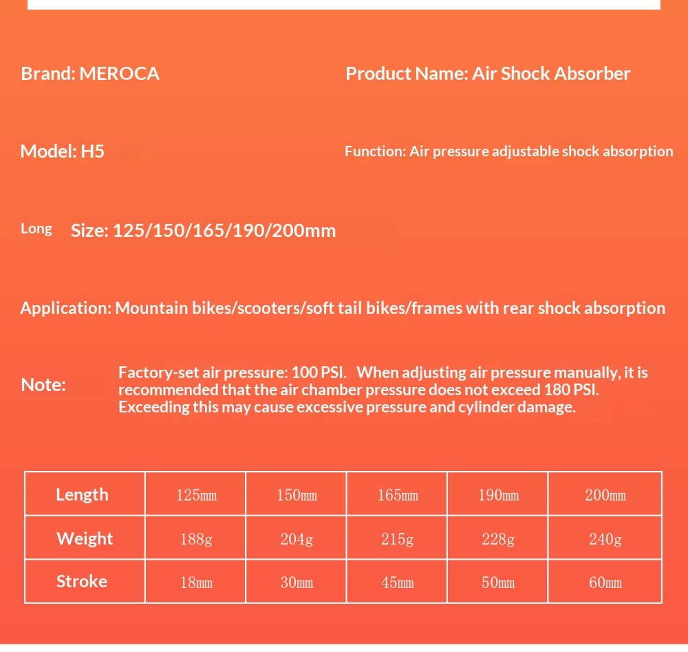 MEROCA HLT-H5 Air Rear Shock Absorber 125/150/165/190/200mm for MTB Folding Bike Scooter