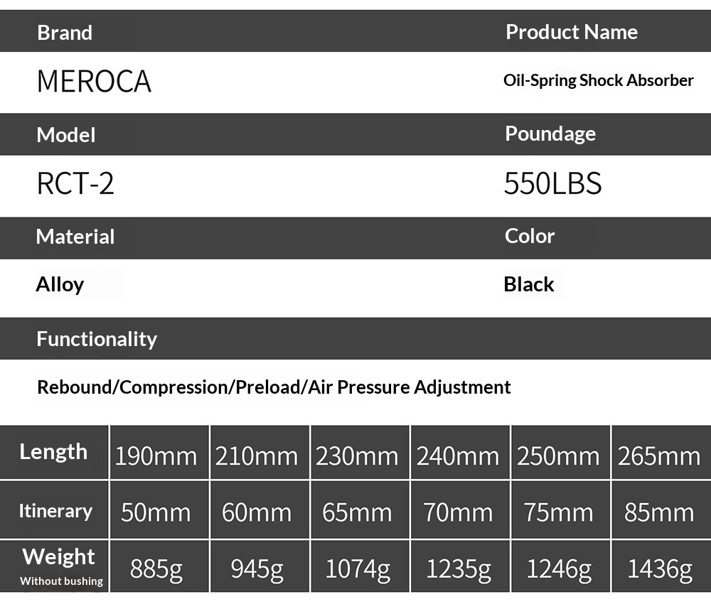 MEROCA RCT-2 Coil Rear Shock Absorber MEROCA-RCT-2 550lbs 190/210/230/240/250/265mm for MTB Soft Tail Bike
