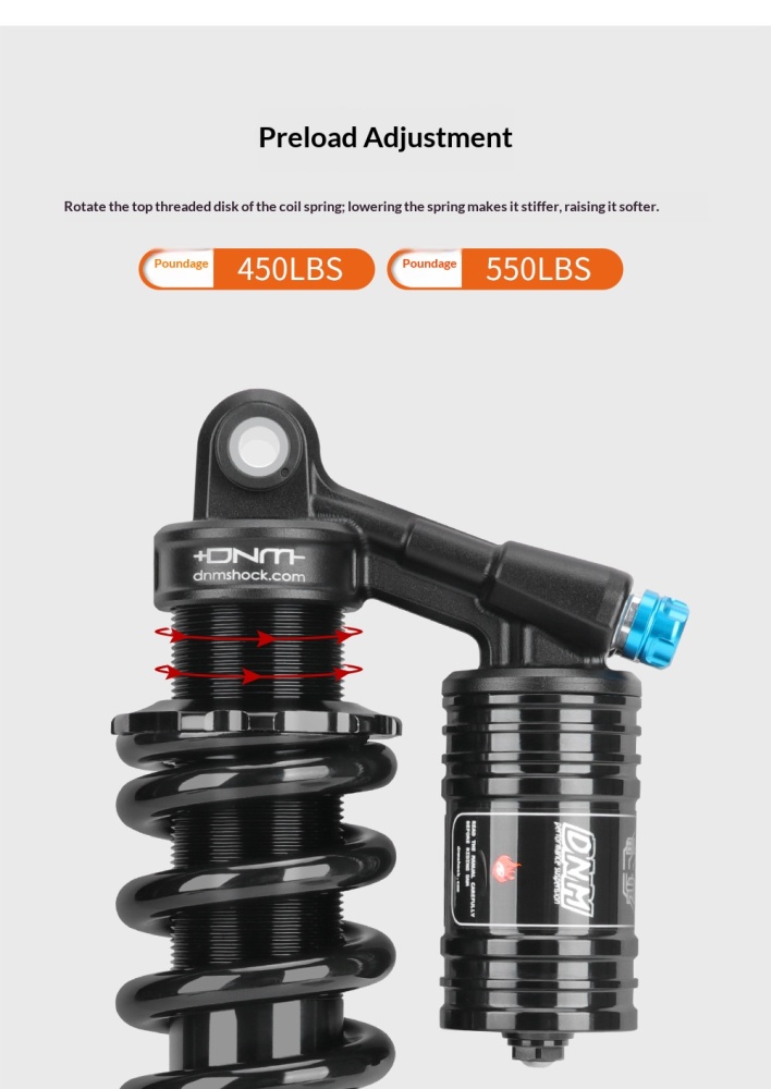 DNM RCP-2PLUS Coil Rear Shock Absorber EMOTO-RCP2PLUS-HL 265mm 450/550lbs with High Low Speed Adjustment for E-Moto Off-Road Bike