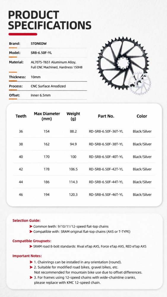 STONE Chainring Direct Mount 8 bolts 6.5mm offset Narrow Wide Single Chainring 36T-46T for SRAM DUB WIDE Road/Gravel Crankset AXS Flattop & Shimano KMC Chain