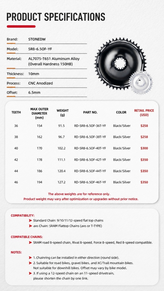 STONE Chainring Direct Mount 8 bolts 6.5mm offset Narrow Wide Single Chainring 36T-46T for SRAM DUB WIDE Road/Gravel Crankset AXS Flattop & Shimano KMC Chain