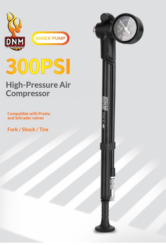 DNM PM-6 300PSI High Pressure Bicycle Shock Pump with Gauge for Suspension Fork, Rear Shock & Tires