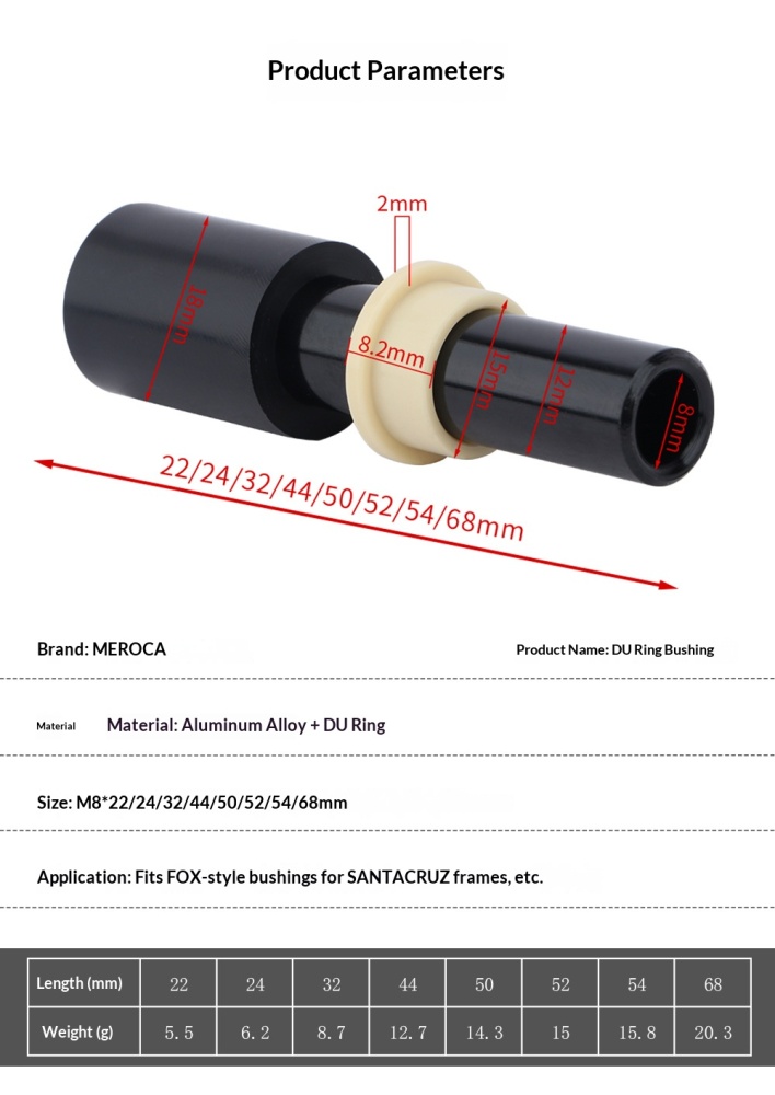 Aluminum Alloy DU Rear Shock Bushing Kit M8x22-68mm New-AL-DU-Bushing for MTB Full Suspension Frame Shock Mount