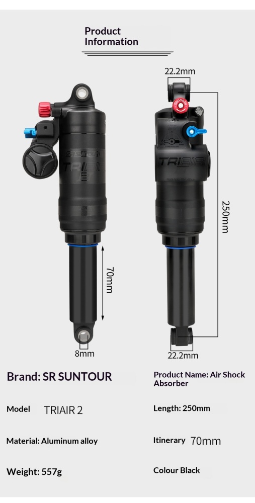 SR SUNTOUR TRIAIR 2 Air Rear Shock 250x70mm MTB DH Suspension Damper, Item No. Suntour-250MM-Air-Shock