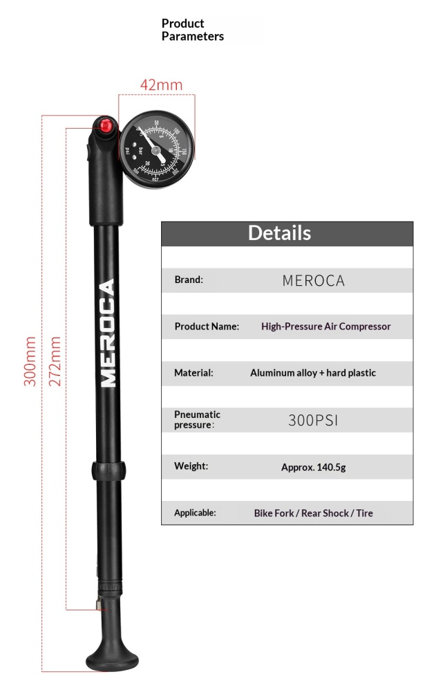 MEROCA-300PSI-PUMP Portable High Pressure Shock Pump for Bicycle Suspension Fork, Rear Shock & Tires