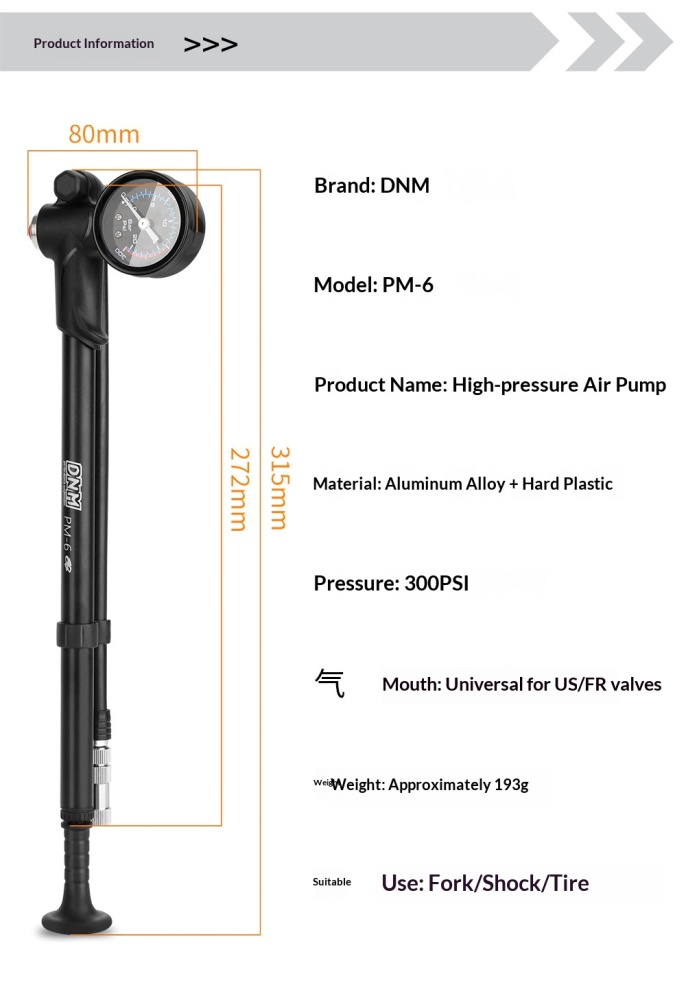 DNM PM-6 300PSI High Pressure Bicycle Shock Pump with Gauge for Suspension Fork, Rear Shock & Tires