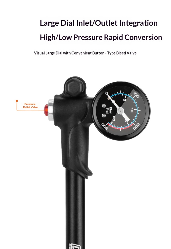 DNM PM-6 300PSI High Pressure Bicycle Shock Pump with Gauge for Suspension Fork, Rear Shock & Tires