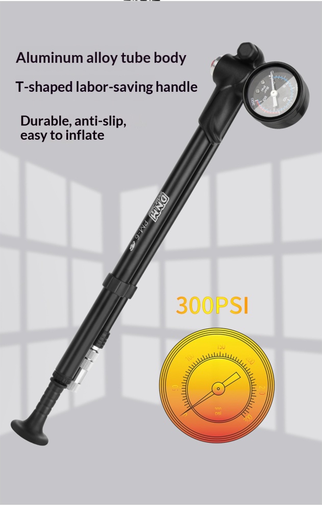 DNM PM-6 300PSI High Pressure Bicycle Shock Pump with Gauge for Suspension Fork, Rear Shock & Tires