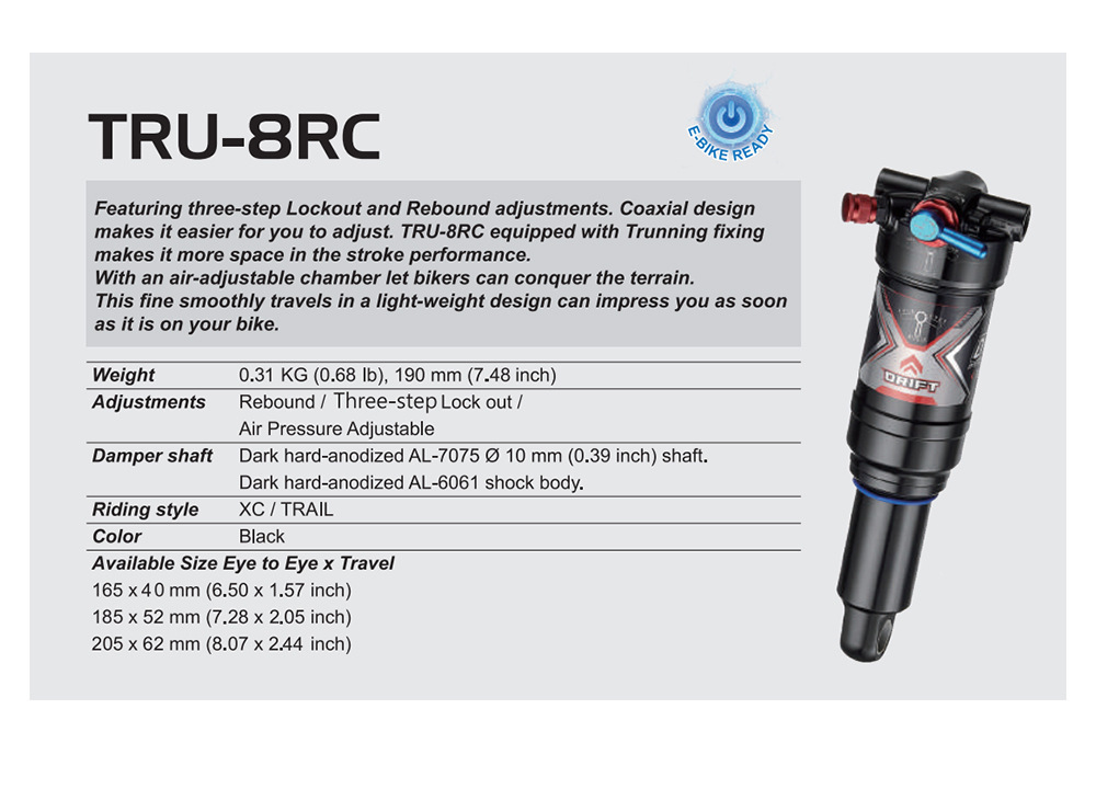 DNM TRU-8RC Air Rear Shock Absorber Trunnion Mount Bike Suspension 3-Step Lockout Rebound Adjustable