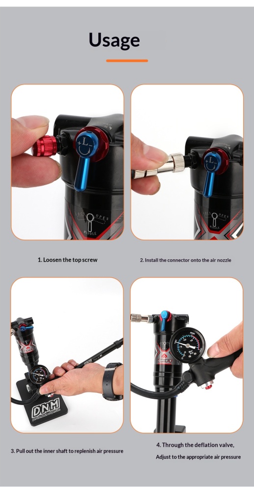 DNM PM-6 300PSI High Pressure Bicycle Shock Pump with Gauge for Suspension Fork, Rear Shock & Tires