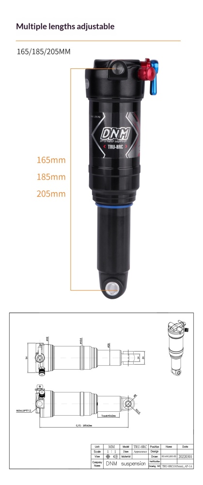 DNM TRU-8RC Air Rear Shock Absorber Trunnion Mount Bike Suspension 3-Step Lockout Rebound Adjustable