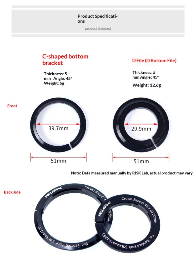 RISK RA133 Bicycle Headset Crown Race Adapter, Tapered to Straight Fork Compatible, 45° Split Design