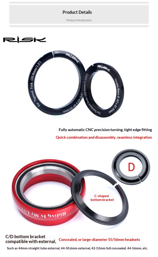 RISK RA133 Bicycle Headset Crown Race Adapter, Tapered to Straight Fork Compatible, 45° Split Design